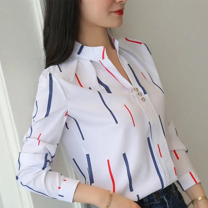 Stripe Women Blouse Fashion Standing Collar Women's Shirt Long Sleeved Shirts and Blouses Printing Ladies Tops Basic Womens Tops.
