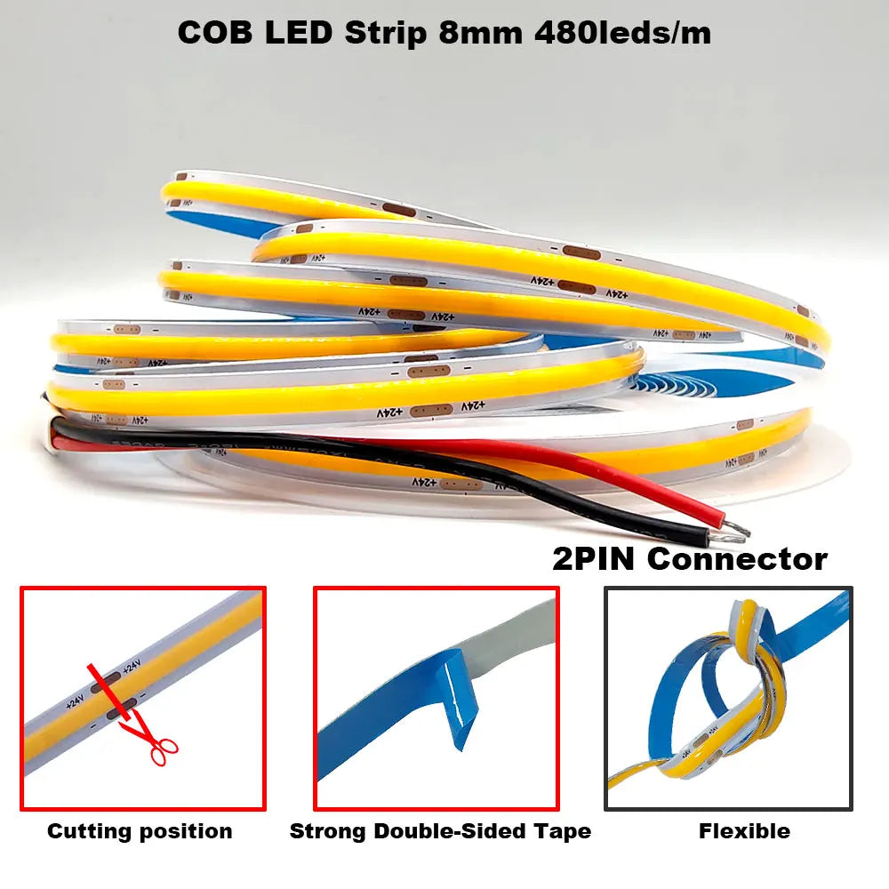 12V 24V COB LED Streifen 5mm/8mm PCB 400/480LEDs/m Flexible Rot/Grün/Blau/Rosa/Eisblau/Gelb Led Streifen Für Wohnkultur LED Lichter.
