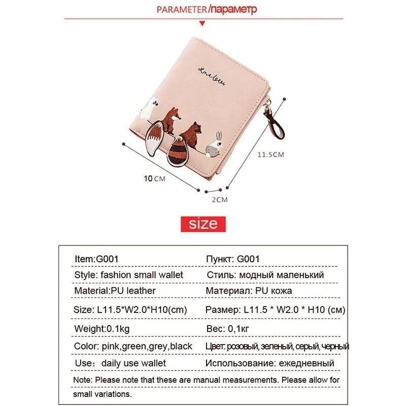 Cute Girl Heart Women's Embroidered Thread Cartoon Animal Wallet Korean Version Short Tassel Zipper Card Bag Earphone Cable Bag.