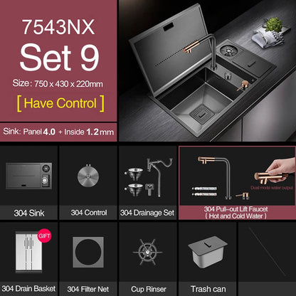 ASRAS Nanometer Hidden Flip Cover kitchen Island Sink 4mm Thickness Handmade Cup Rinser And Trash Can Kitchen Sinks