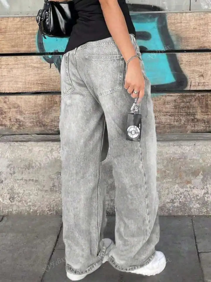 Jeans Women Straight Pants Denims Washed High Waist Distressed Pockets Female 2025 Streetwear Vintage Full Length Trousers.