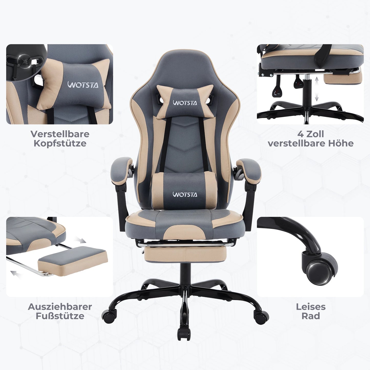 WOTSTA Gaming-Stuhl mit Fußstütze, Gamer-Stühle, ergonomisch, mit Lendenkissen, Kopfstützenstuhl, höhenverstellbarer Computerstuhl