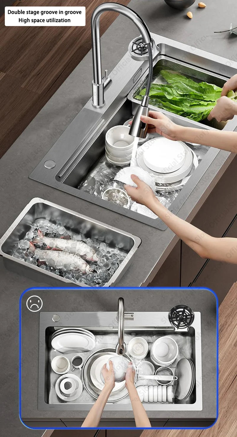 Küchenspüle aus Edelstahl 304, großes Fassungsvermögen, Wasch-/Schnitt-/Abfluss in einem, komplettes Set, multifunktionale Gemüse-Arbeitsstation für den Haushalt