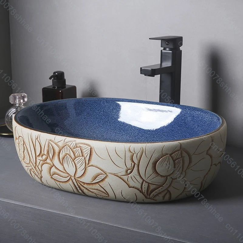 Retro Keramik Badezimmer Waschbecken Arbeitsplatte Waschbecken Künstlerische Eitelkeit Schüssel für Zuhause Keramik Gefäß Waschbecken Theke Waschschüssel Vintage