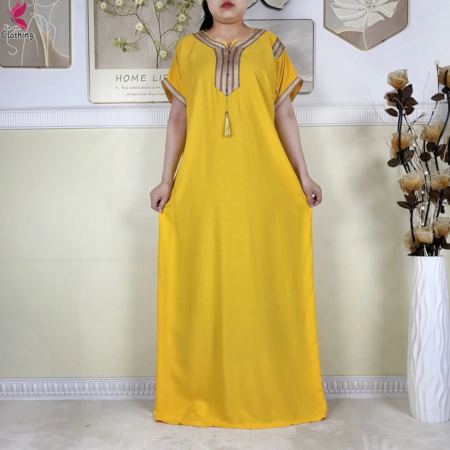 2025 Muslim Caftan Short Sleeve Dress Solid Cotton Summer Abaya African Traditional Dresses Islam for Women Casual Clothing.