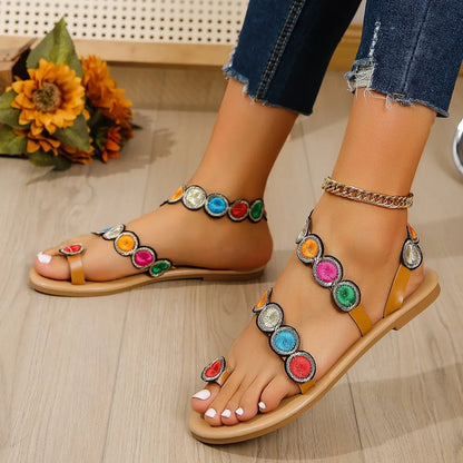 Yellow Embroidered Faux Flower Fashion Sandals Flat Plus Size 43 Summer Outdoor Beach Shoes Travel Mom Shoes.