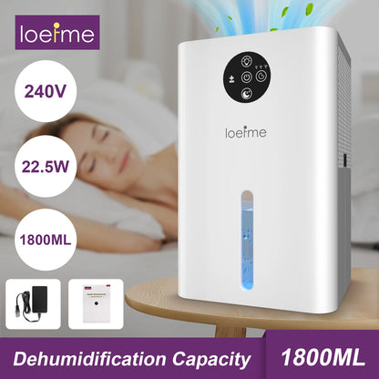 LOEFME 1.8L Electric Dehumidifier Portable Quiet Air Dryer, 6-8-10H Timer, Touchscreen, Against Humidity, Mould, Moisture, Damp.