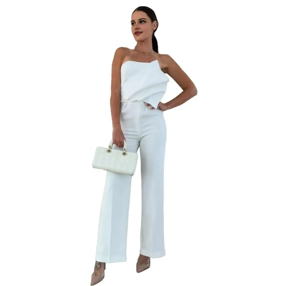 Neck-lengthening Jumpsuit Elegant Women's Strapless Jumpsuit Stylish Off Shoulder Romper with High Waist Wide Leg Chic for Women.