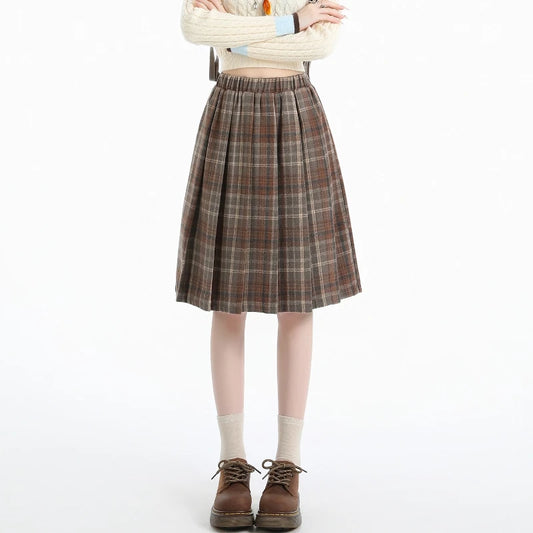Preppy Style Woolen Pleated Plaid Skirt Women Fall Winter Retro Elastic High Waist Skirts Female Japanese A Line Faldas 2025 New.