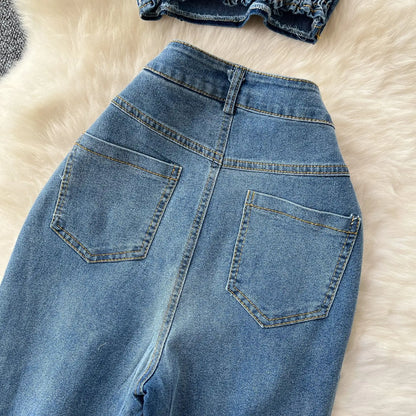 Denim Pant Set Women Two Piece Sets Sexy Matching Sets Sleeveless Short Tops Long Flare Pants High Waist Slim Hot Diamond.