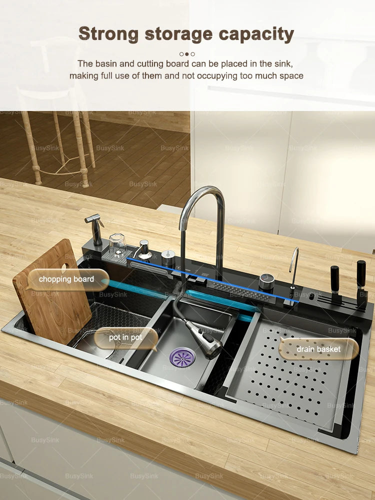 100x50cm Waterfall Kitchen Sink Stainless Steel Extra Large Single Bowl Digital Display Multifunctional Dishwashing Sinks