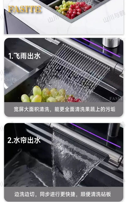 Waterfall kitchen sink nano thickened digital display honeycomb household single slot