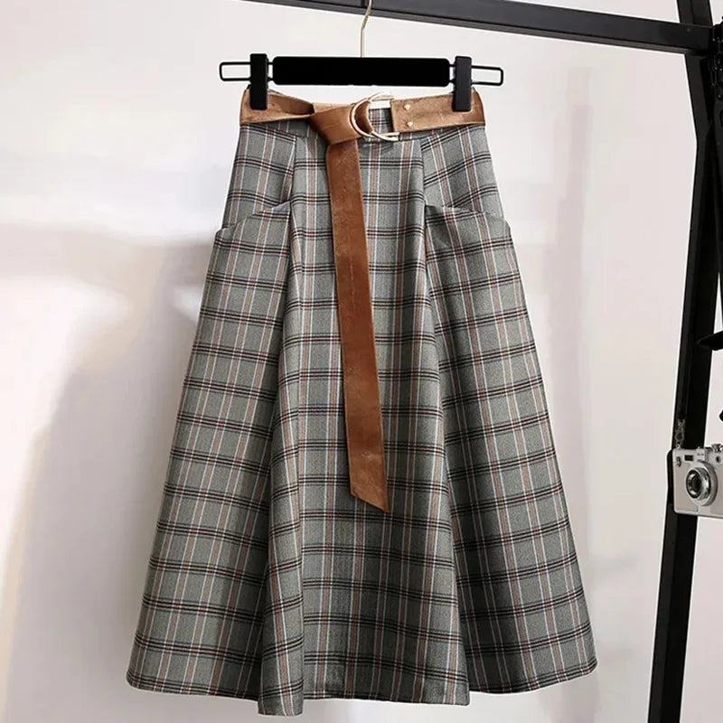 Plaid Vantage High Waist A-line Loose With Belt Pocket Women's Skirt Korean Fashion Mid-Calf Long Skirts For Women 2024 Spring.