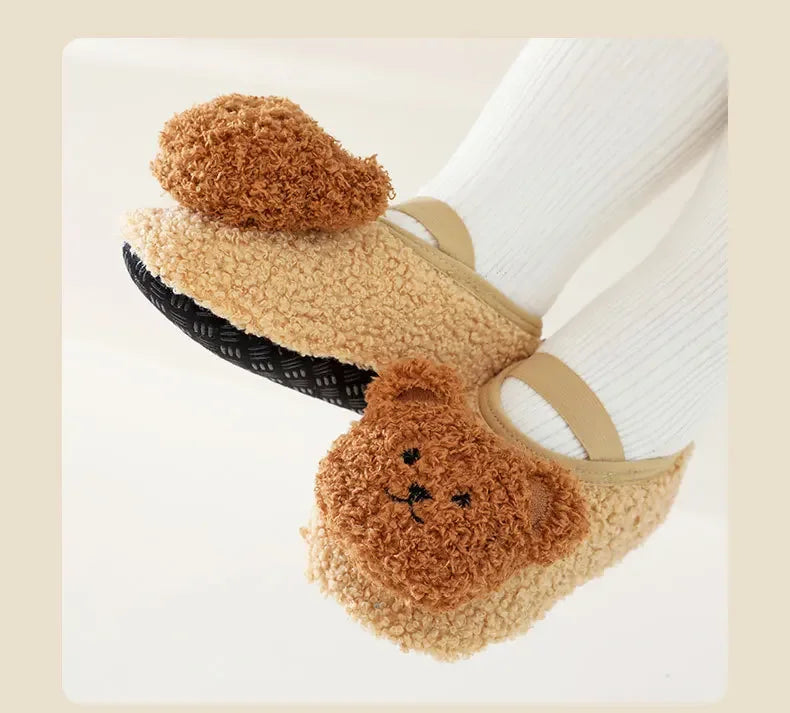 Warm Newborn First Walker for Boy Girl Cartoon Animal Bear Indoor Non-slip Floor Shoes Winter Fury Plush Floor Shoes