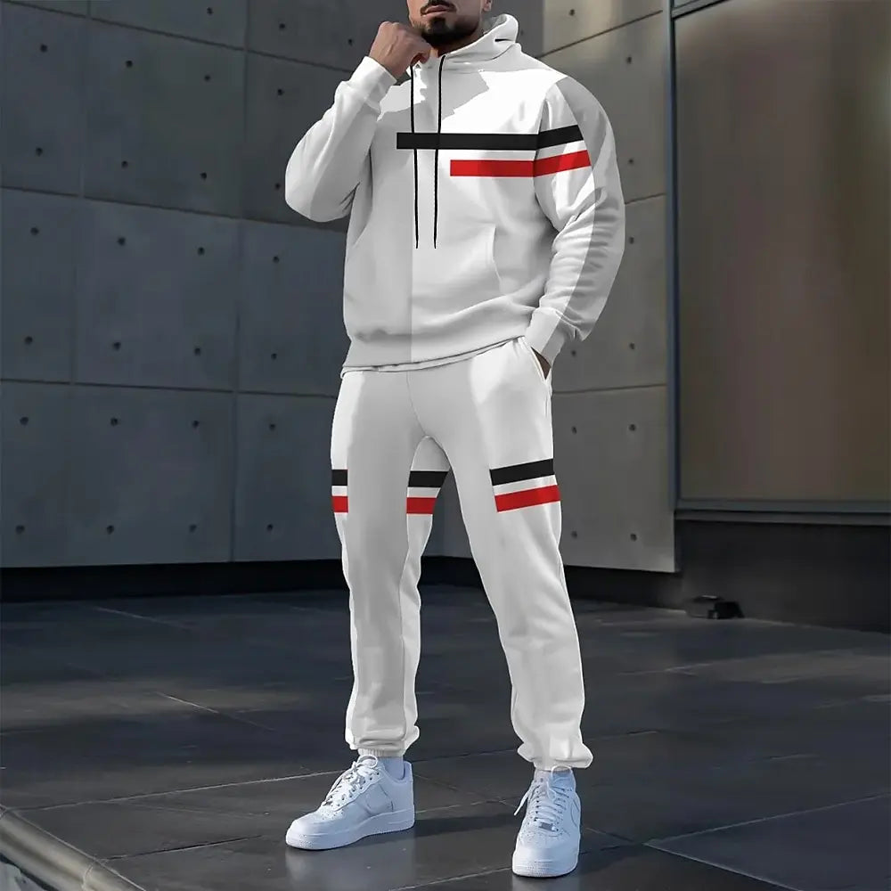 Simple Stripe Print Men's Hoodies Sets Autumn Winter Casual Sweatshirt Pants 2 Piece Fashion Tracksuits Outdoor Street Clothing.