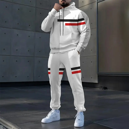 Simple Stripe Print Men's Hoodies Sets Autumn Winter Casual Sweatshirt Pants 2 Piece Fashion Tracksuits Outdoor Street Clothing.