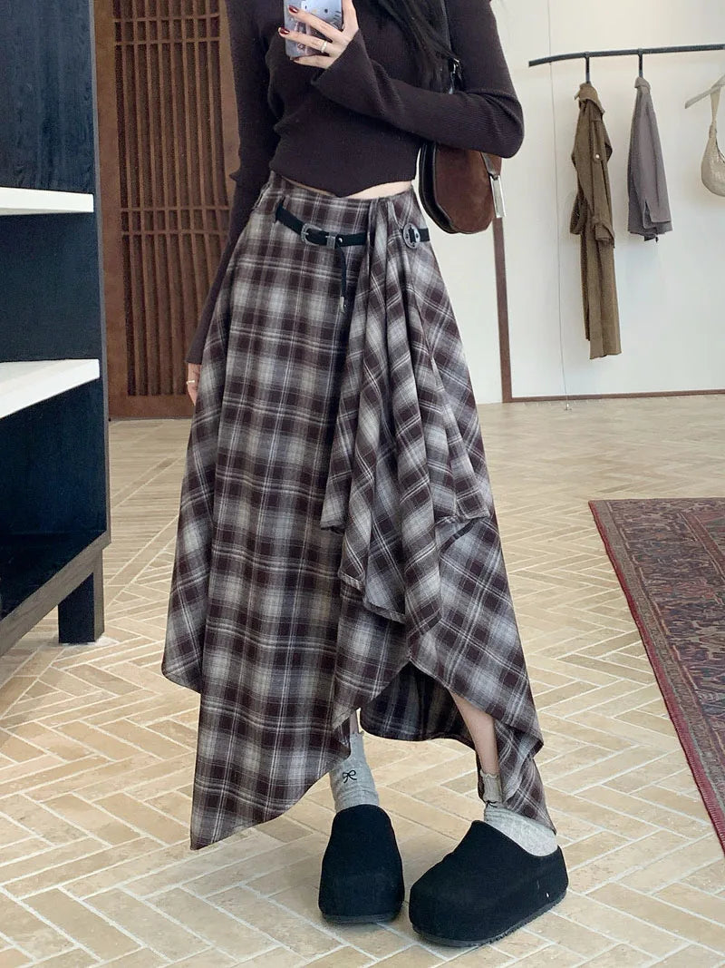 MEXZT Vintage Plaid Woolen Midi Skirt Women Y2K Harajuku Belt Asymmetrical Skirts Winter Gyaru Grunge Korean Design Faldas New.