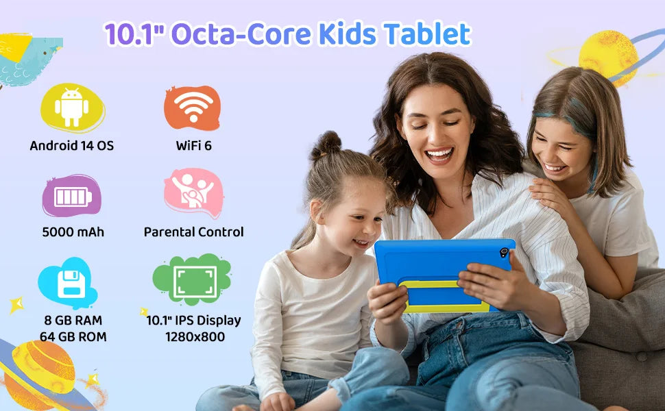 URAO 10 Inch Cartoon Pattern Kids Tablet Android Octa-Core 8GB RAM 64GB ROM Learning Education Games Tablets Children's Gifts.