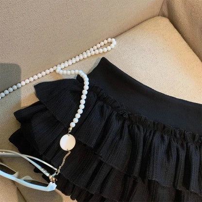 Sweet Puffy Cake Women Skirts Korean Fashion Ruched Ruffle Mini Skirt Campus Harajuku Casual Versatile Elastic Waist Solid Skirt.