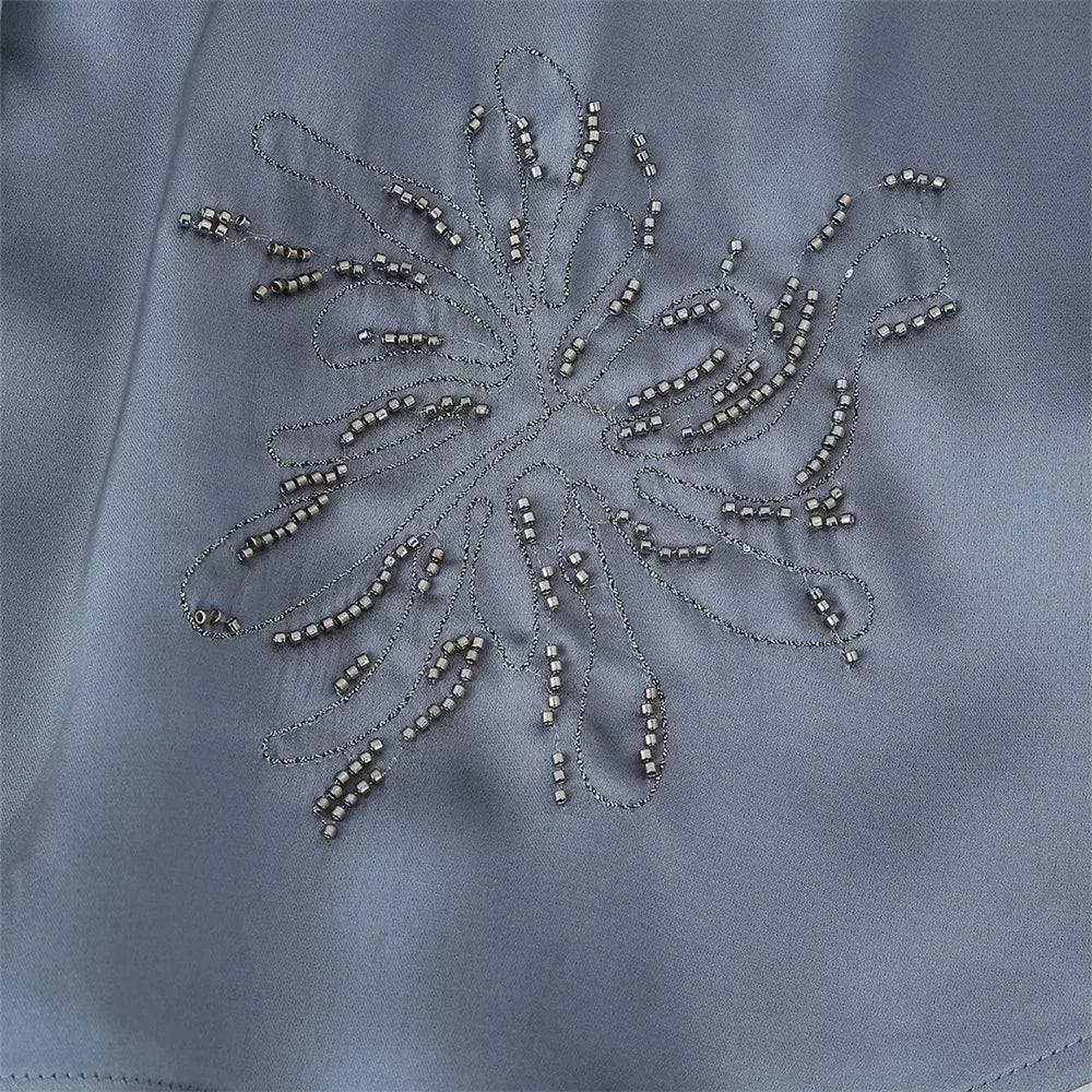 Summer New Product Women's Style Flip Collar with Beaded Embroidered Shirt, High Waist Straight Leg Pants Set.