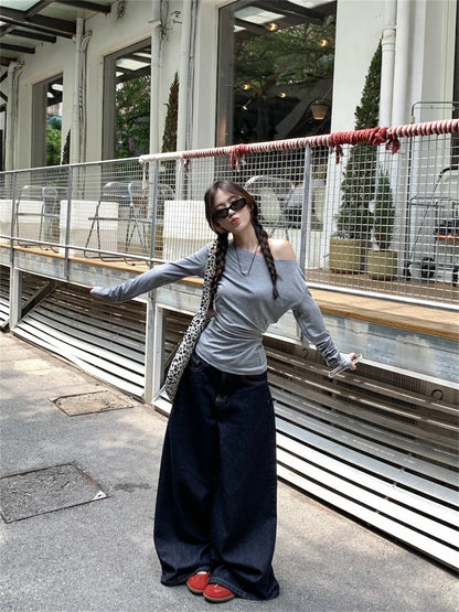 Women Sexy Off Shouder Tops 2025 Fashion New In Y2k Hot Girl Slim Long Sleeve Shirts Solid Autumn Spring Chic T-shirt Streetwear.