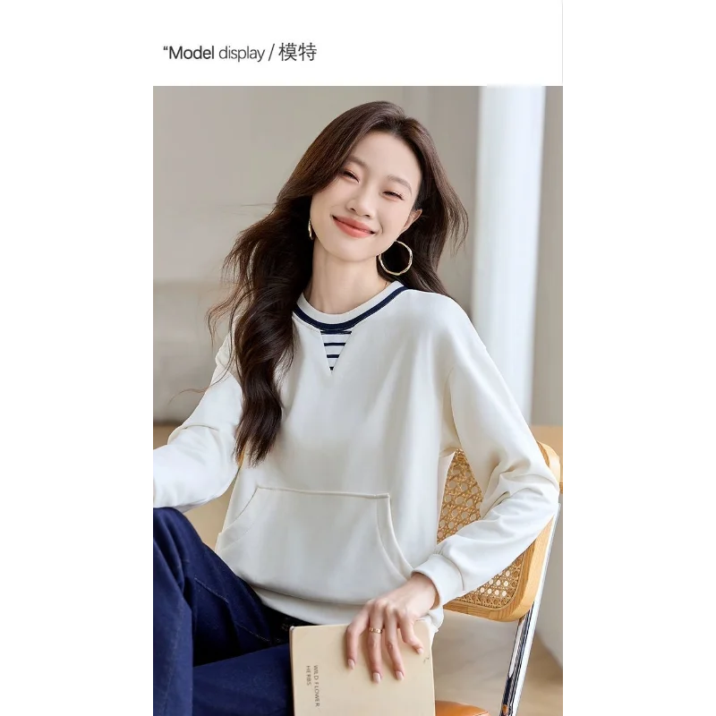 Apricot Round Neck Patch Long Sleeve Sweatshirt Women Loose Comfort Casual Design Fashion Top.