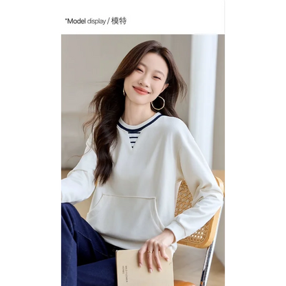 Apricot Round Neck Patch Long Sleeve Sweatshirt Women Loose Comfort Casual Design Fashion Top.