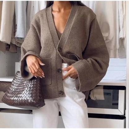 Damenjacke mit V-Ausschnitt, einfarbig, langärmelig, Strickjacke, modischer, lockerer, lässiger Pullover
