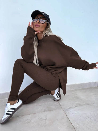 Women Pant Sets Two Pieces Tracksuit Solid Loose Sweatshirts Split Pullover Pencil Pants High Street Autumn Winter 2024