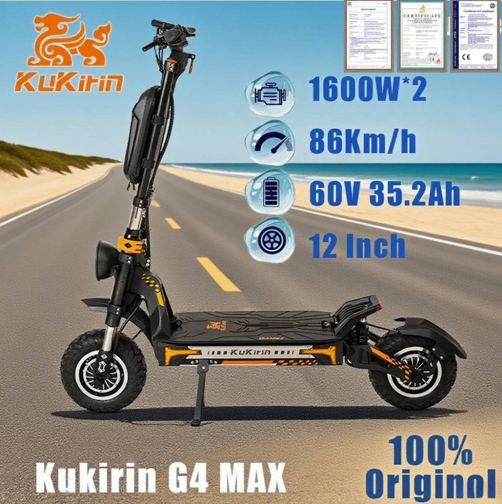 Original KuKirin G4 Max Off-Road Electric Scooter 2*1600W Motor 60V 35.2Ah 95km Max Range 86km/h Speed foldable Kick EScooter.