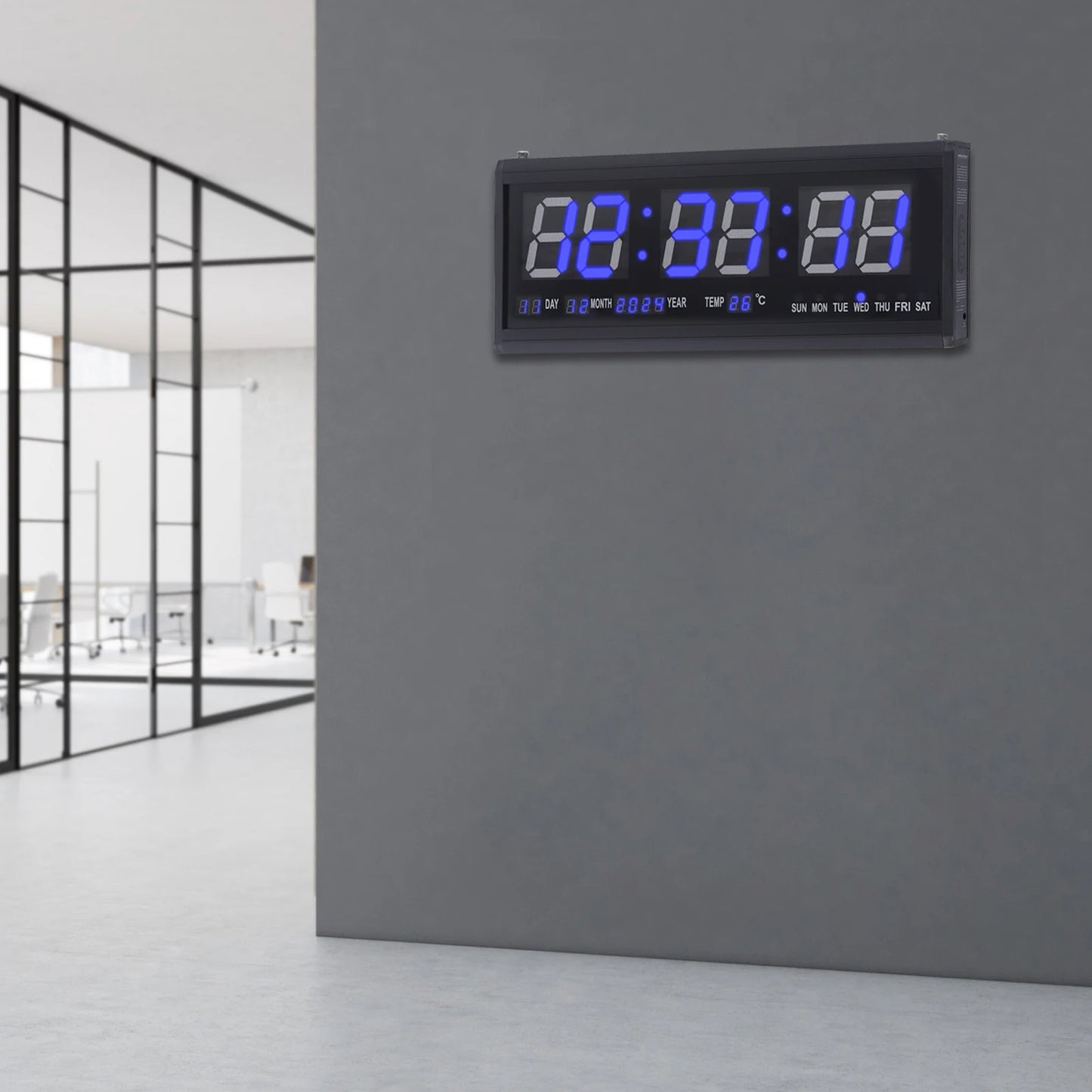 220 V große LED-Digital-Wanduhr, Zeit, Temperatur, Datum, Woche, Anzeige, automatischer Dimmer, leuchtende, leise Tischuhr, Wanduhr, 48 x 19 cm