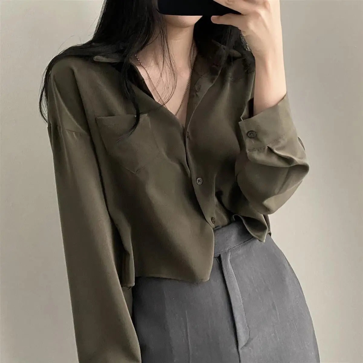 Long Sleeved Shirt And Blouse Simple Single Breasted Loose Casual Solid OL Trend Short Top Simple Elegant Fashion Women Clothes.