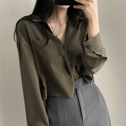 Long Sleeved Shirt And Blouse Simple Single Breasted Loose Casual Solid OL Trend Short Top Simple Elegant Fashion Women Clothes.