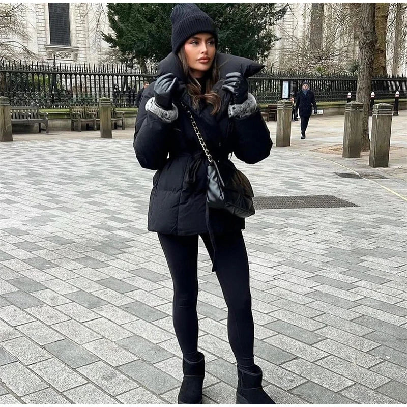 Fashion Lace Up Baumwolle Mantel Frauen Feste Revers Casual Langarm Tasche Lose Warme Kurze Mäntel Dame Winter Neue Straße Oberbekleidung