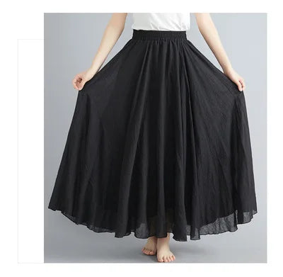 Boho Cotton Linen Beach Long Skirt Women Vintage Casual Solid A-line High Waist Dance Floor-Length Maxi Skirt Spring Summer New