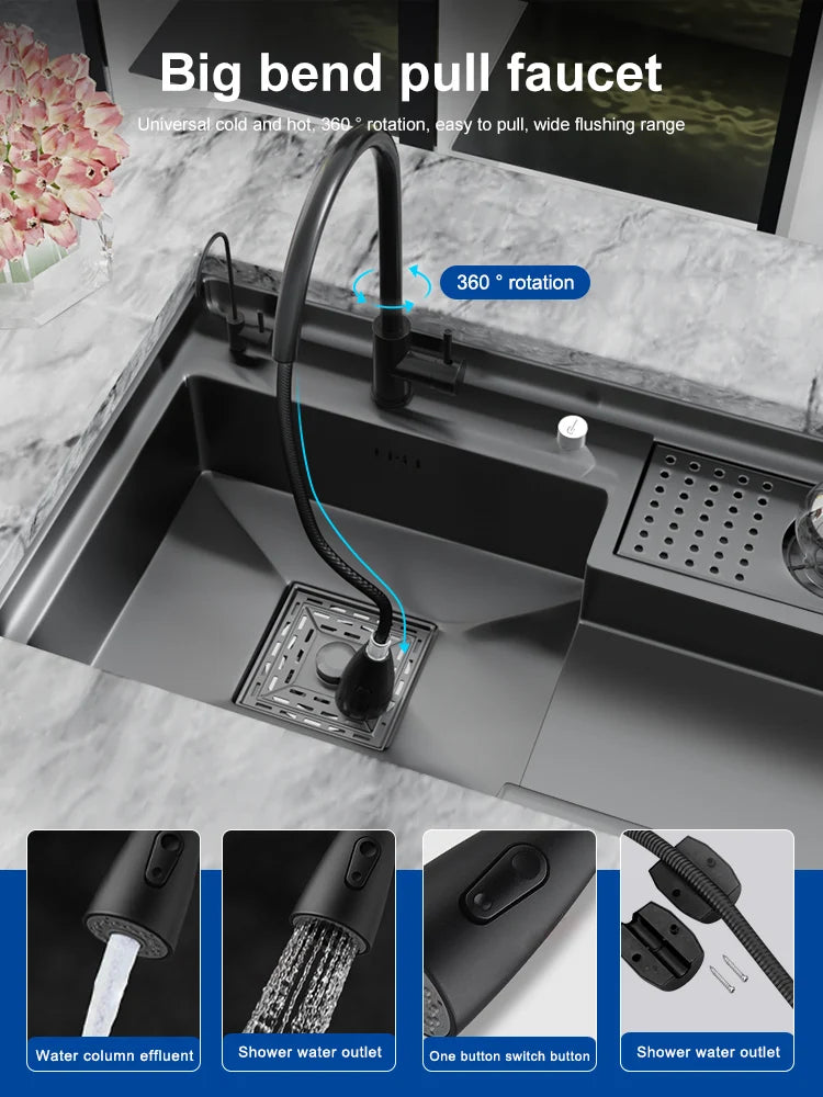 Stepped Stainless Steel Sink Kitchen with Cup Washer Multifunctional Large Single Slot Washbasin Dishwasher Sinks