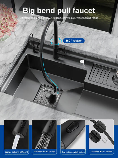 Stepped Stainless Steel Sink Kitchen with Cup Washer Multifunctional Large Single Slot Washbasin Dishwasher Sinks