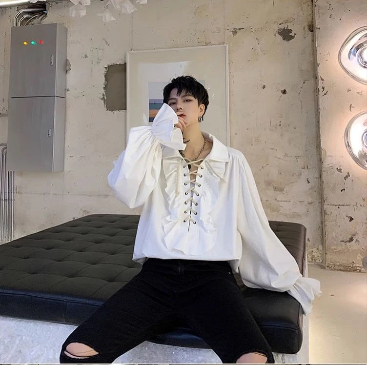 Pirate Shirt for Men Vintage Gothic Renaissance Style Frilled Lace-Up Medieval Buccaneer Blouse Top for All Seasons