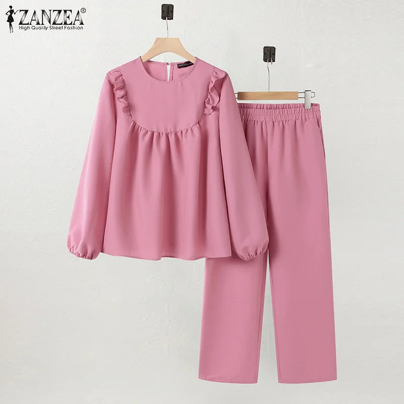 ZANZEA Women Elastic Waist Trouser 2pcs Tracksuit Muslim Fashion Long Sleeve Ruffles Tops Turkey Pant Sets Elegant Matching Sets.
