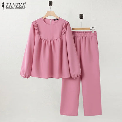 ZANZEA Women Elastic Waist Trouser 2pcs Tracksuit Muslim Fashion Long Sleeve Ruffles Tops Turkey Pant Sets Elegant Matching Sets.