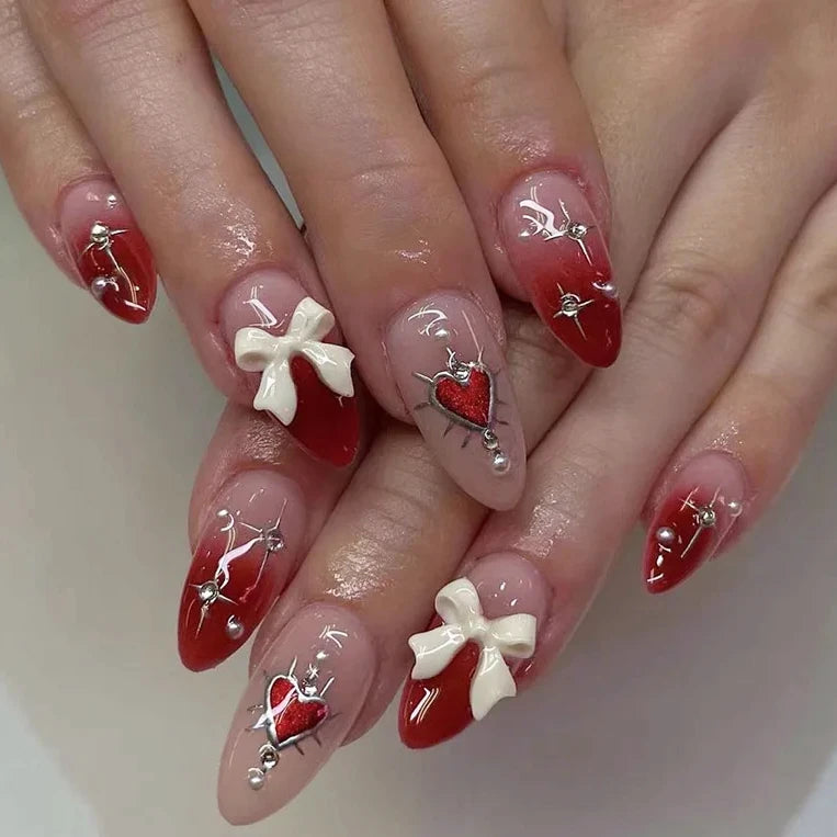 White Glitter Powder Bowknot Long Pointed Fake Nails Art Ballet False Nail Cow Print Pearl Rhinestone Pink Almond Press on Nails