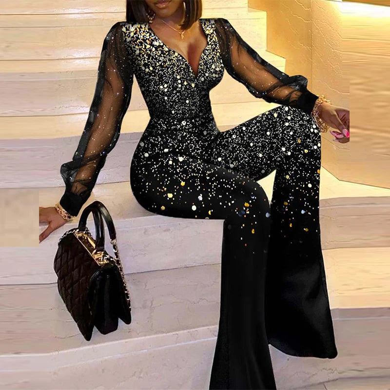 Ladies Slim Flare Pants Rompers Fashion Print Clothes Sexy One-pieces Women Jumpsuit Elegant Glitter Hollow Mesh Party Bodysuits.