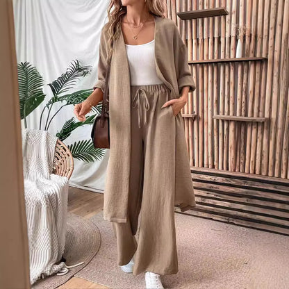 Clothes Autumn open-collar Solid Color Long Loose Top + Drawstring Wide-leg Trousers Trajes De Mujer Conjunto 2 Piezas Elegantes.