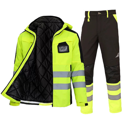 High Visibility Workwear Winter Clothes Hi Vis Suit Reflective Jacket Waterproof Winter and Pockets Reflective Work Pants Set.