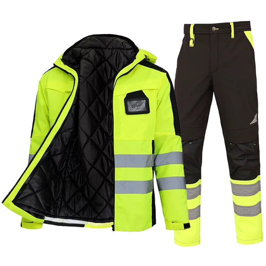 High Visibility Workwear Winter Clothes Hi Vis Suit Reflective Jacket Waterproof Winter and Pockets Reflective Work Pants Set.