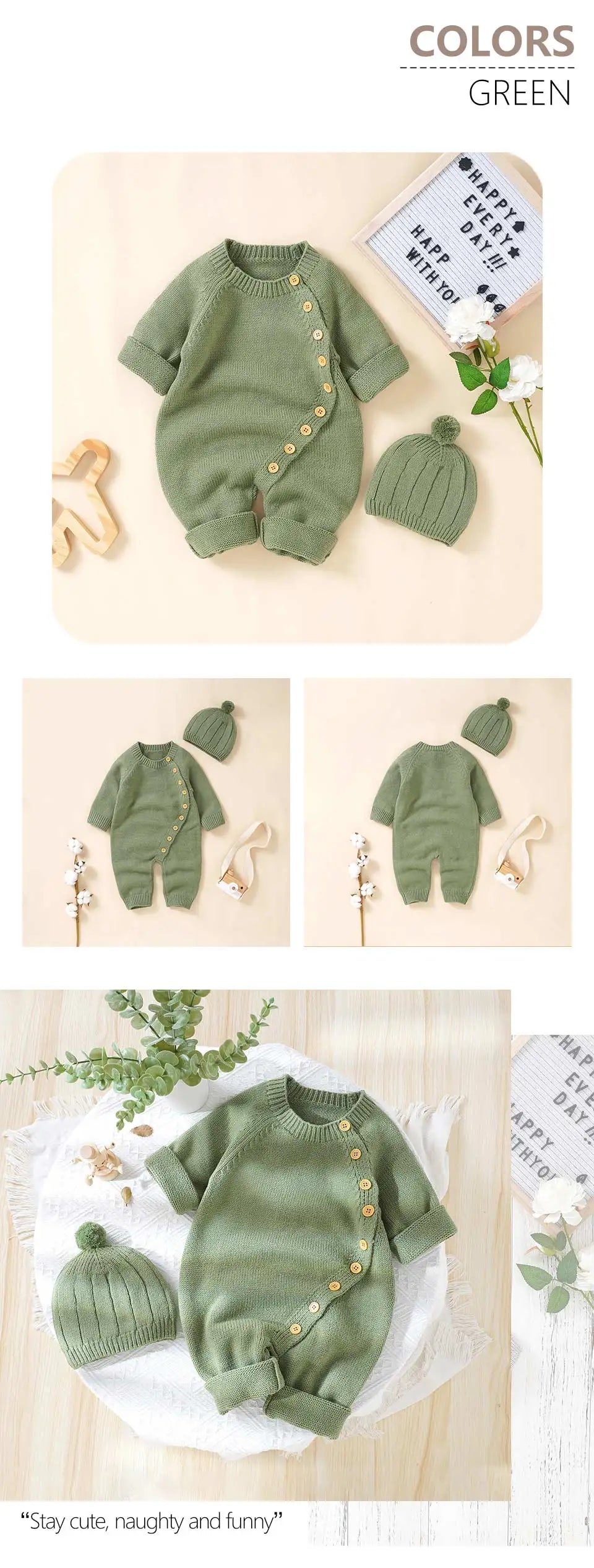 Baby Rompers Knitted Autumn Long Sleeve Newborn Boys Girls Jumpsuits Hats Outfits Sets Winter Solid Infant Netural Overall 0-18m