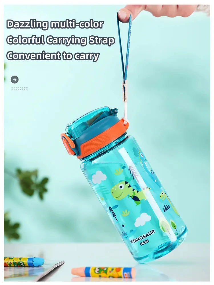 600ml Dinosaur Water Bottle For Kids Water Sippy Cup With Silicone Straw Leakproof Plastic Water Bottles Summer Kids Water Cup.