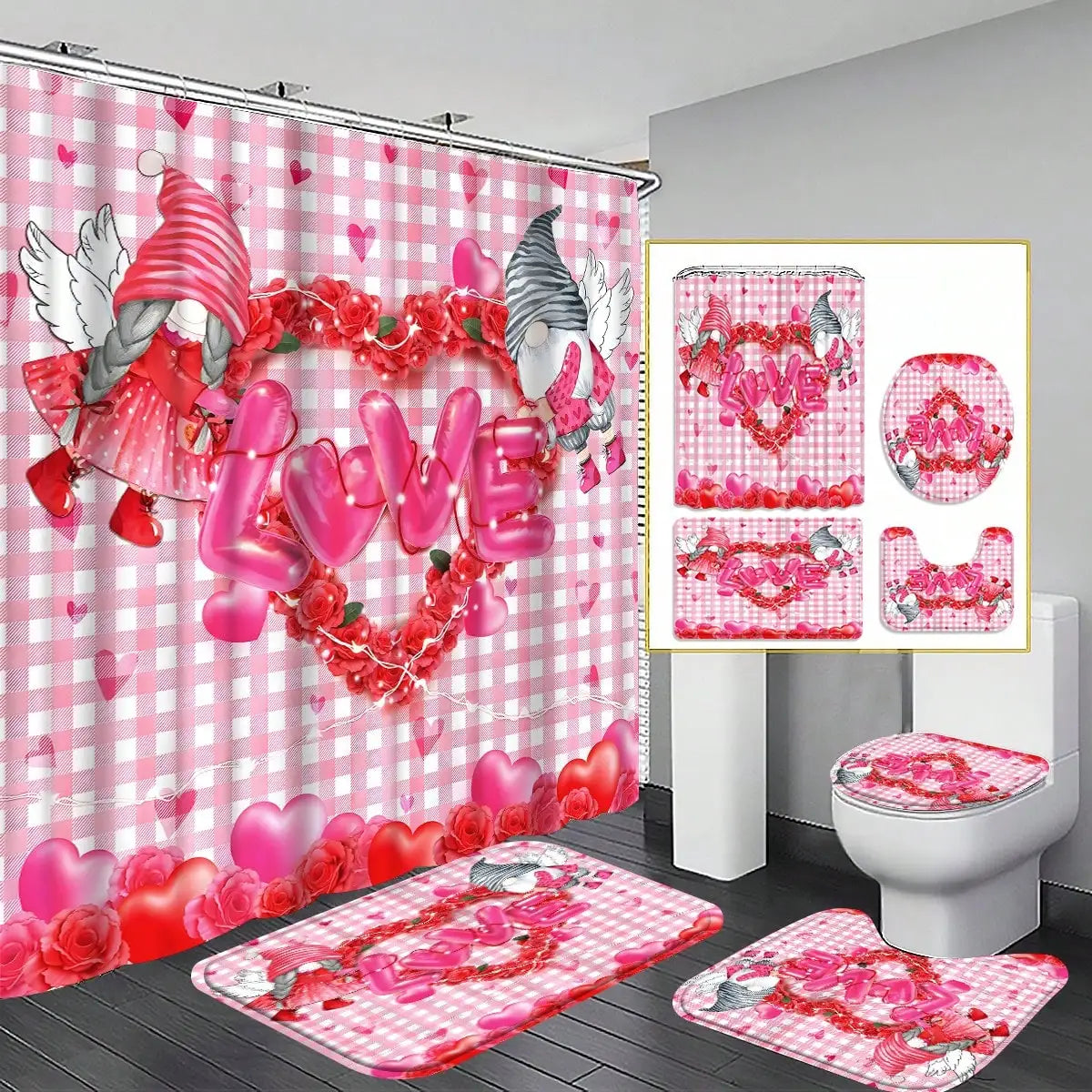 4-teiliges Badezimmer-Set, wasserdichter Stoff-Duschvorhang im Palast-Stil mit 12 Haken, rutschfeste Badezimmermatte, U-förmige Toilettendeckelabdeckung