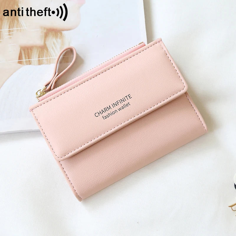 RFID Anti-Theft Short Card Bag for Women, Brush, PU, Solid Color, Zipper Buckle, Multi-functional Fashion, Small Purse.