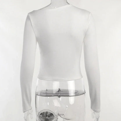 Langarm Top Weiße T-Shirts Frauen Basic Crop Top Herbst Pullover Solide Skew Neck T Shirt Streetwear Basic Schwarz Y2K Tees